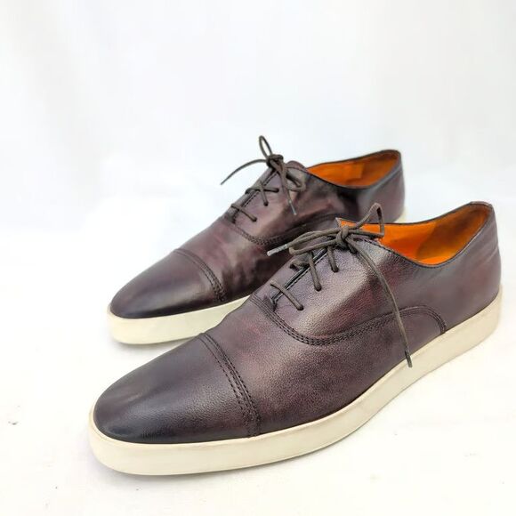 Santoni Mens Cap Toe Oxford Sneaker Brown Leather Shoes Size 12 Made in Italy